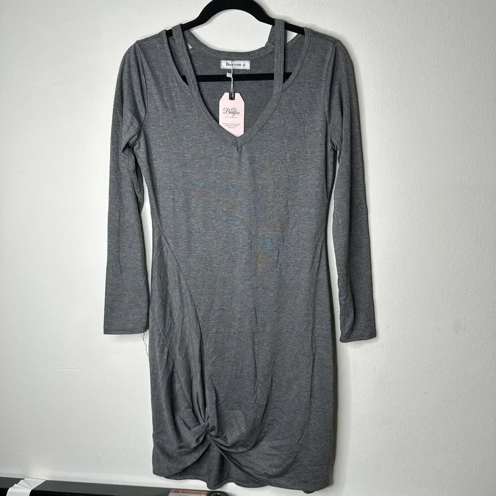NWT Berryou Gray Cold-Shoulder Long Sleeve Front Tie Hem Knit Mini Dress Medium - Picture 2 of 12